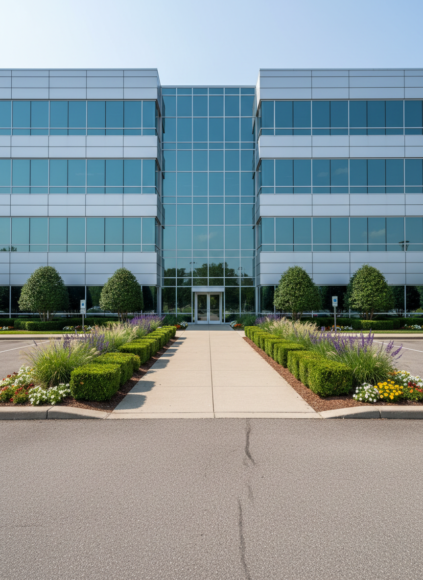 An immaculate commercial property frontage with a contemporary office building framed by structured landscaping. Symmetrical rows of neatly pruned shrubs line the wide, swept concrete entry path, while low-maintenance ornamental grasses and seasonal flowers fill mulched beds at the base of large glass windows. The building’s exterior is reflected subtly in the windows, with no clutter or debris visible anywhere on the grounds or pavement. Bright, clear midday light illuminates the scene, enhancing the contrast between greenery, clean concrete, and sleek architecture. Shot from a low, wide-angle position near the parking lot, the composition emphasizes both the expansive, well-kept grounds and the building facade, projecting a professional, reliable corporate curb appeal in a clean, realistic photographic style.