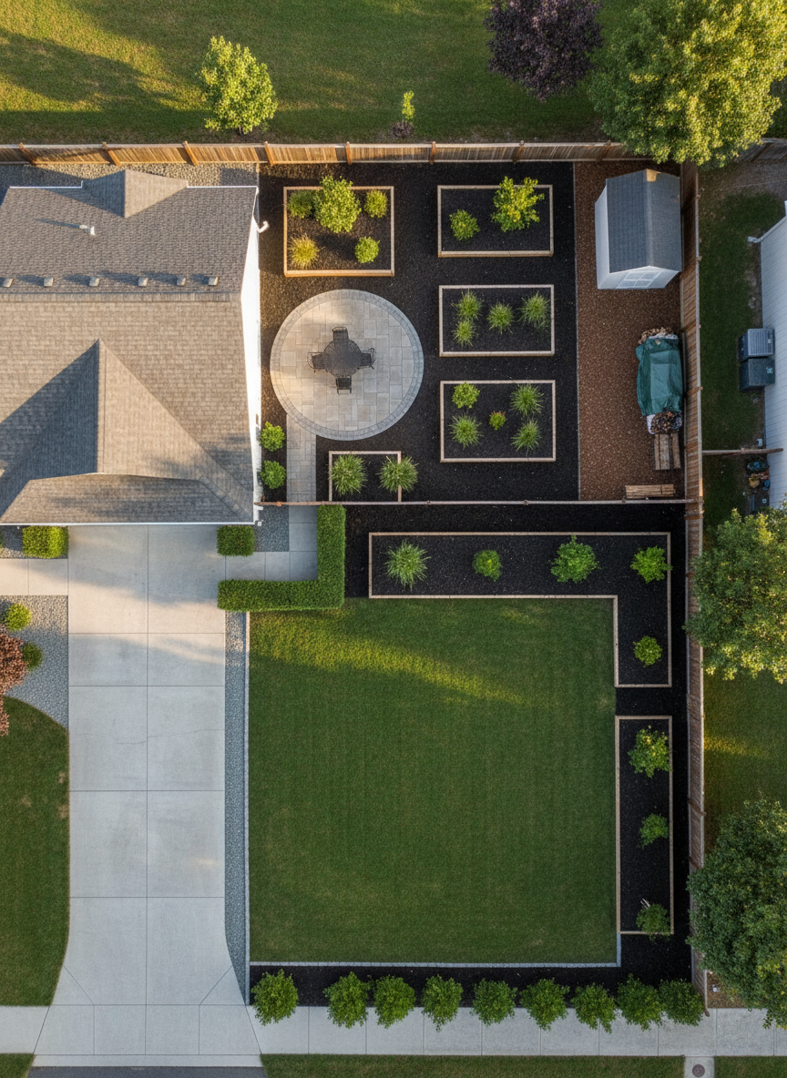 A detailed overhead, bird’s-eye view of a medium-sized residential property layout, showcasing the results of comprehensive landscaping and property cleaning. The image reveals a crisply outlined front lawn, a swept driveway free of stains, a side gravel path neatly raked, and a backyard with clearly defined planting beds, a small patio, and a tidy storage area. Different textures—short-cut turf, smooth concrete, dark mulch, and light gravel—create a pleasing visual pattern. Soft, mid-morning sunlight from one side creates subtle dimensional shadows without obscuring details. The composition is balanced and symmetrical, emphasizing organization and precision, with a photographic realism style that feels like a professional drone photograph used to communicate full-property outdoor care services.