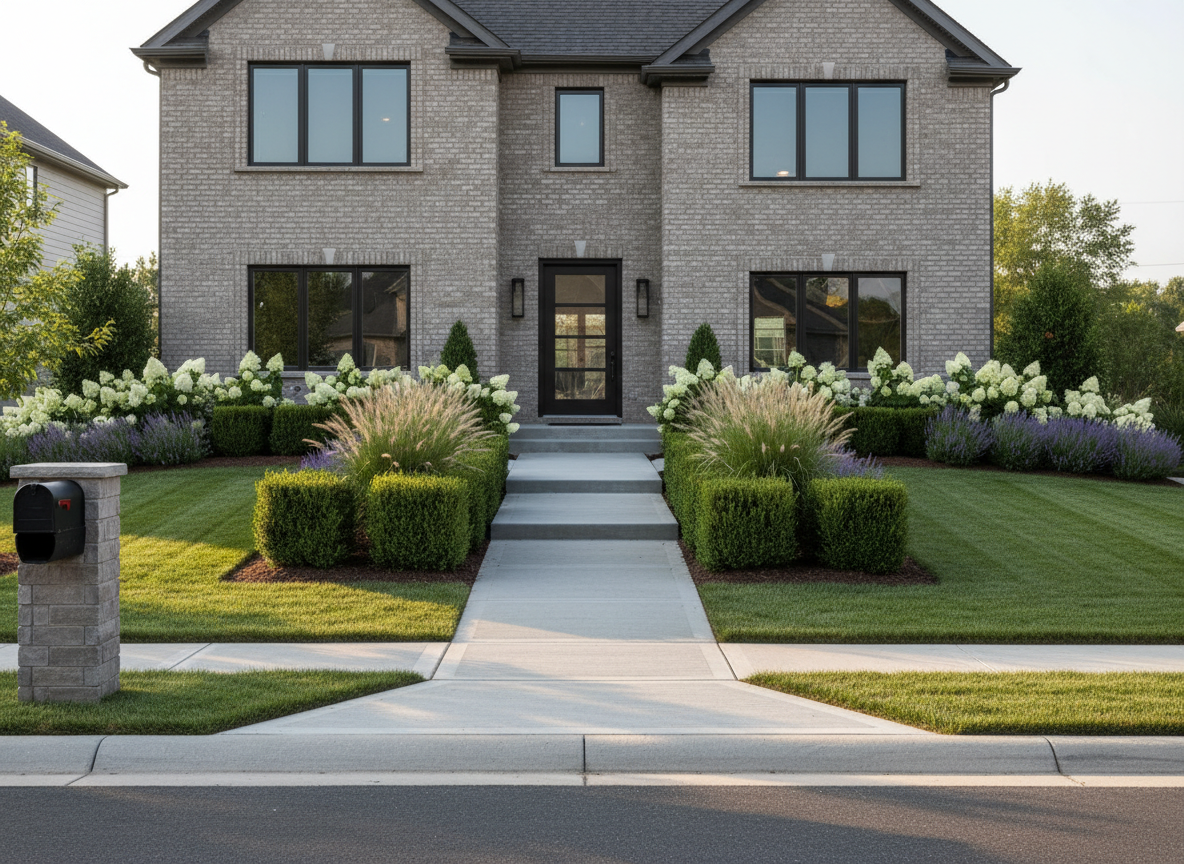 A meticulously manicured suburban front yard showcasing lush, deep-green grass with crisp, geometric mowing lines leading toward a clean, modern brick home. Neatly shaped boxwood shrubs frame a wide, swept concrete walkway, while freshly mulched flower beds display a balanced mix of ornamental grasses and blooming perennials in white and soft purple. Late afternoon natural light casts warm, even illumination, creating gentle shadows that emphasize texture in the lawn and plants. Photographed from a slightly elevated, wide-angle perspective at curb level, the composition highlights the full property frontage. The atmosphere is professional, tidy, and inviting, emphasizing reliable landscaping and property care in a photographic realism style suitable for a premium service website.