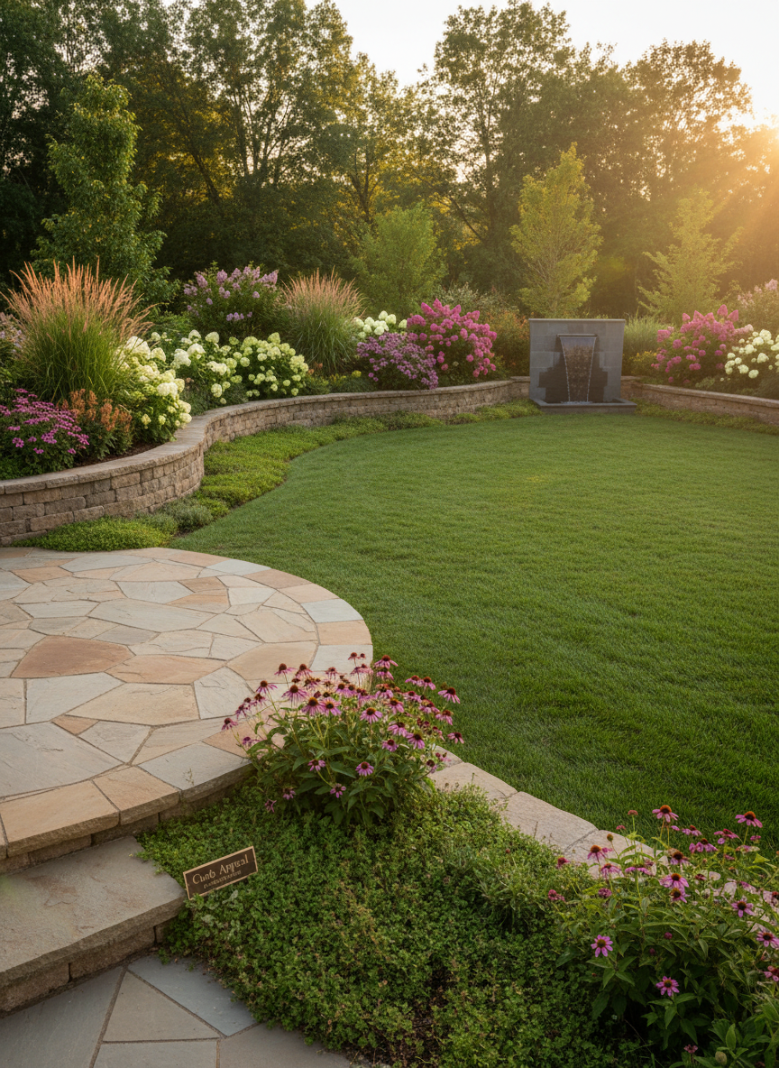 A spacious backyard oasis professionally landscaped by Curb Appeal Landscaping, featuring a gently curving stone paver patio leading out to a perfectly level, emerald-green lawn. Raised planting beds constructed from natural stone blocks hold layered vegetation: low groundcovers, mid-height flowering shrubs, and taller ornamental grasses that sway slightly in a light breeze. A small, modern water feature with a slate backdrop adds visual interest at the far edge of the yard. Captured during golden hour, warm sunlight brushes the tops of plants and creates long, soft shadows across the grass. Photographed from a slightly elevated corner angle, the composition reveals the full layout, evoking a serene, organized, and professionally managed outdoor retreat in lifelike photographic realism.