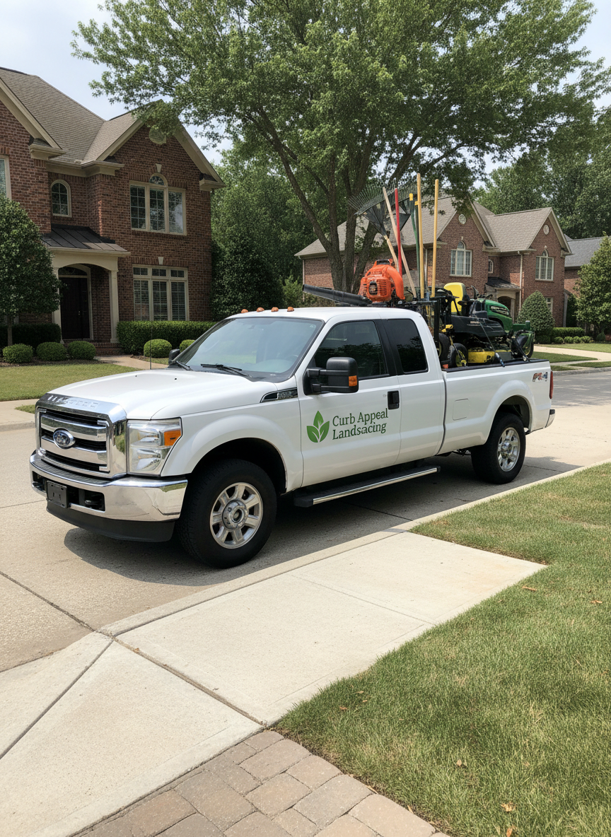 A clean, white landscaping service truck parked neatly along a residential curb, its sides featuring a bold, modern green leaf logo and the words “Curb Appeal Landscaping” in crisp lettering. 