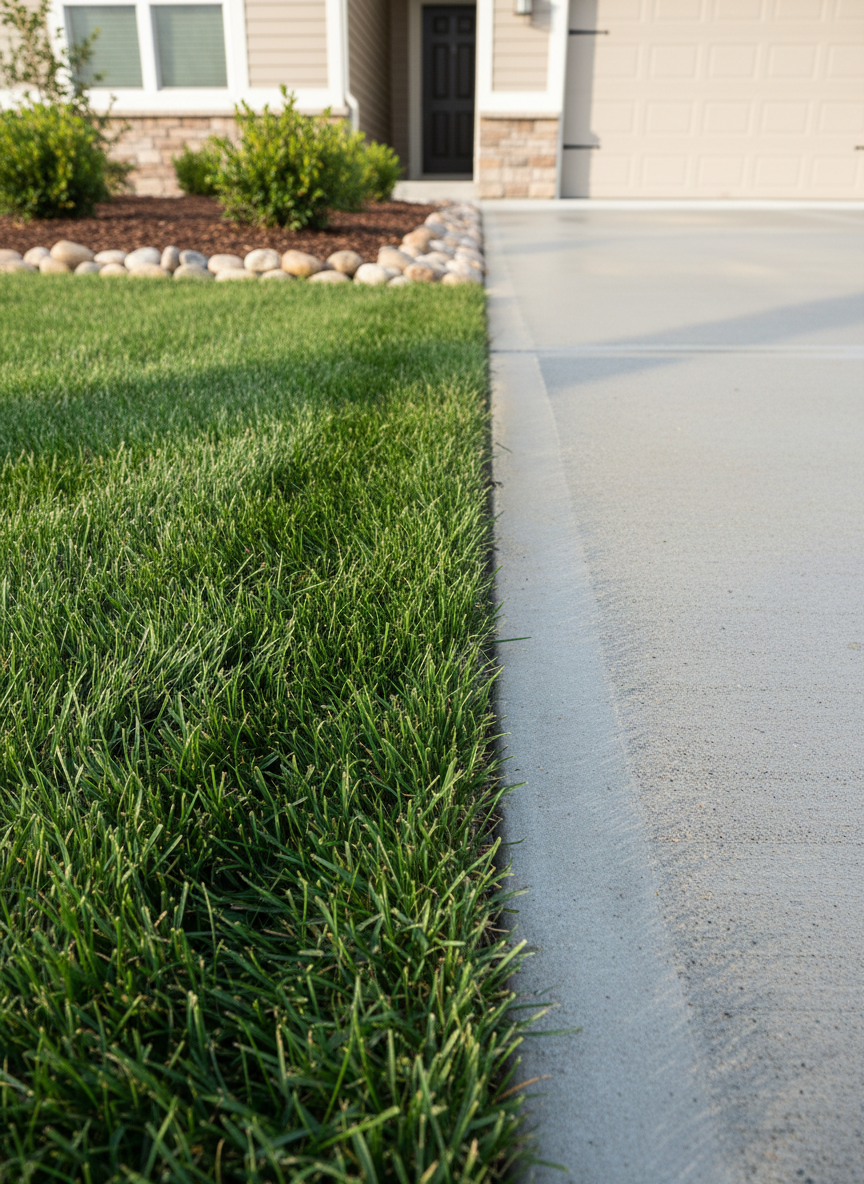A close-up, eye-level view of a perfectly edged lawn where vivid green grass meets a pristine, pressure-washed concrete driveway in a flawless, straight line. Fine blades of grass are sharply defined, and the concrete surface shows a subtle wet sheen, free of stains, leaves, or debris. Small, decorative river stones border an adjacent flower bed with dark, freshly turned mulch and a few carefully placed evergreen shrubs. Late morning natural light casts soft shadows that accentuate the textures of grass, stone, and concrete. The composition uses shallow depth of field to keep the edge line in razor-sharp focus while gently blurring the background home façade, conveying meticulous attention to detail in a clean, professional photographic style.