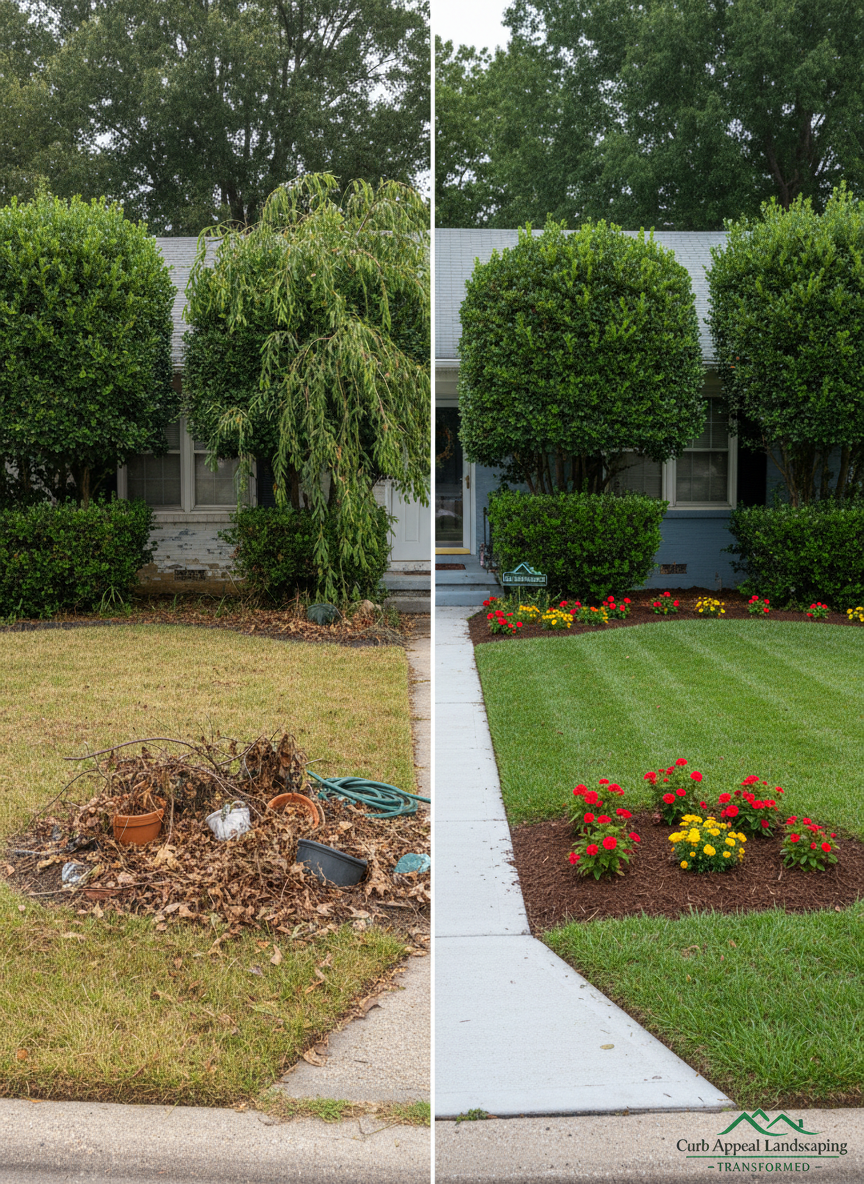 A dramatic before-and-after split view of the same residential front yard, with the left half showing an overgrown, patchy lawn, untrimmed shrubs, and a cluttered, leaf-strewn walkway, and the right half displaying the transformed result by Curb Appeal Landscaping. On the improved side, the grass is evenly green, shrubbery is precisely shaped, flower beds are re-edged and mulched, and the walkway is power-washed to a bright, clean finish. Soft, overcast daylight provides even lighting across both halves, emphasizing the contrast in texture and color. The camera is positioned at curb height, straight-on, with sharp focus throughout, creating a clear, professional, highly realistic comparison image that conveys reliable outdoor care and property cleaning services.